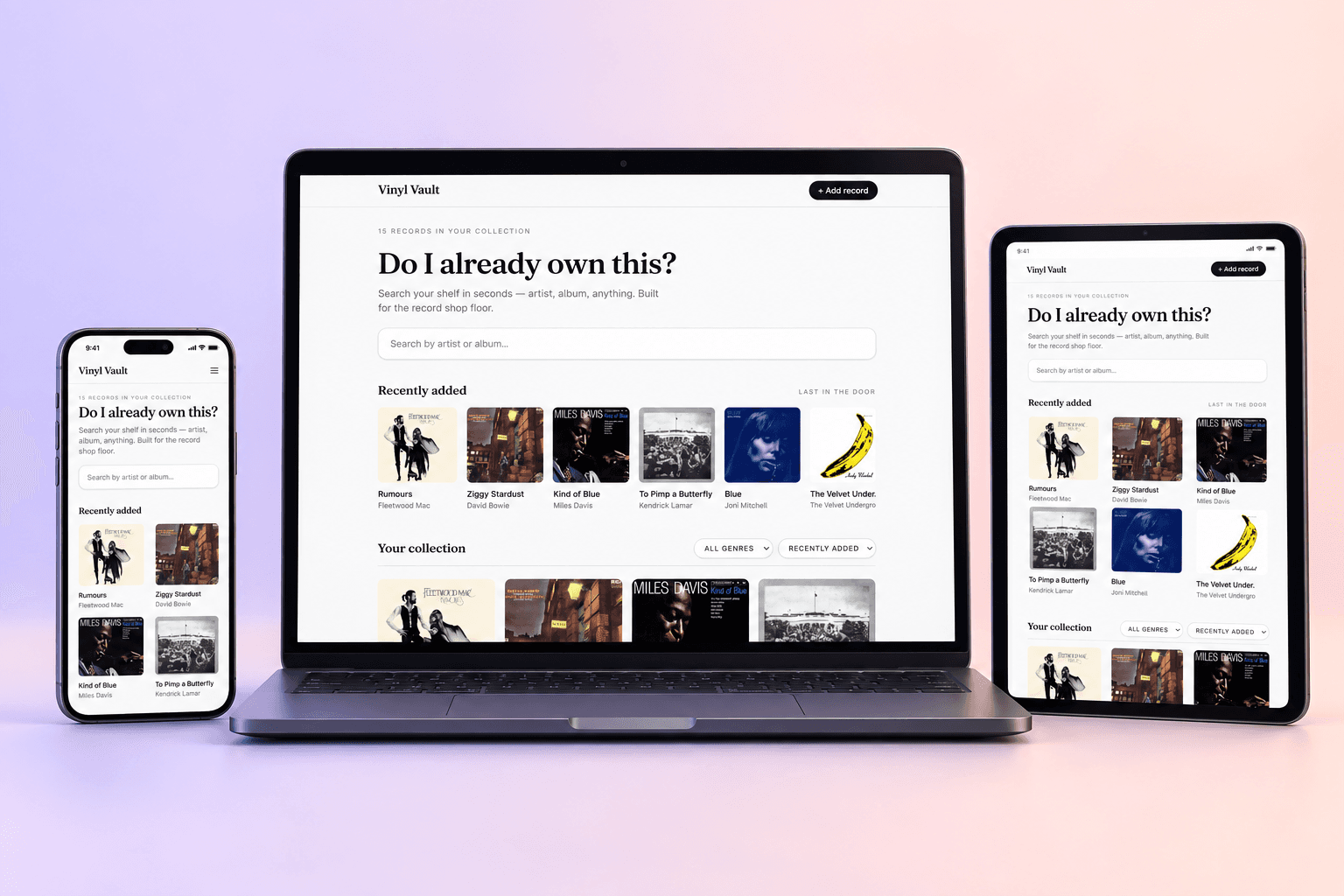 Vinyl Vault on a phone, laptop and tablet